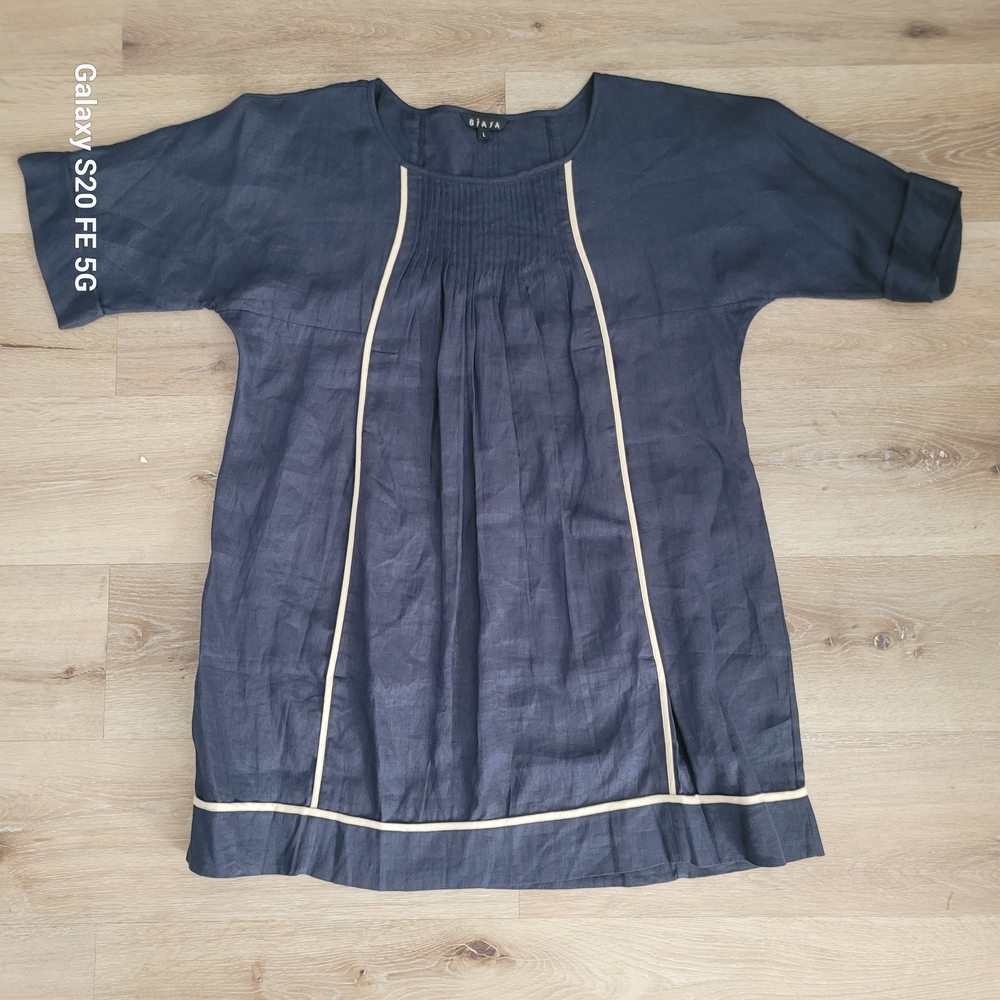 Biasa Navy Blue  Dress with Cream Accents and Pockets Size L